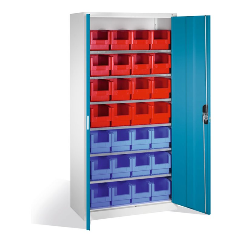 C+P Magazinschrank mit 28 Sichtlagerkästen, H1980xB1000xT420mm Front Lichtblau Korpus Lichtgrau