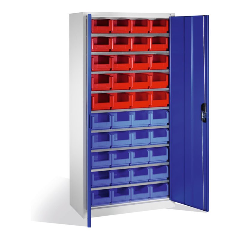 C+P Magazinschrank mit 40 Sichtlagerkästen, H1980xB1000xT420mm Front Enzianblau Korpus Lichtgrau