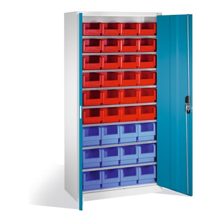 C+P Magazinschrank mit 26 Sichtlagerkästen, H1980xB1000xT420mm Front Lichtblau Korpus Lichtgrau