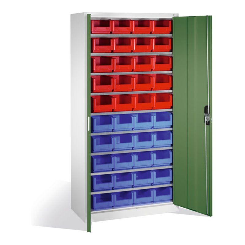 C+P Magazinschrank mit 40 Sichtlagerkästen, H1980xB1000xT420mm Front Resedagrün Korpus Lichtgrau