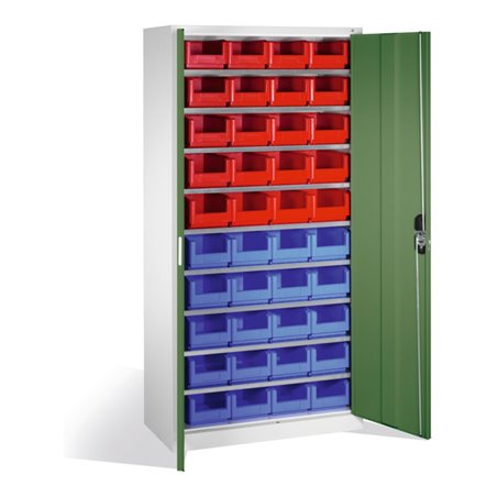 C+P Magazinschrank mit 40 Sichtlagerkästen, H1980xB1000xT420mm Front Resedagrün Korpus Lichtgrau
