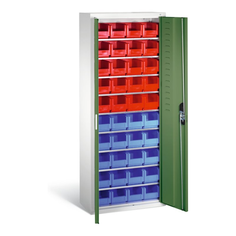 C+P Magazinschrank mit 40 Sichtlagerkästen, H1690xB700xT300mm Front Resedagrün Korpus Lichtgrau