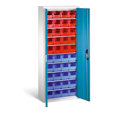 C+P Magazinschrank mit 40 Sichtlagerkästen, H1690xB700xT300mm Front Lichtblau Korpus Lichtgrau
