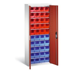 C+P Magazinschrank mit 40 Sichtlagerkästen, H1690xB700xT300mm Front Rubinrot Korpus Lichtgrau