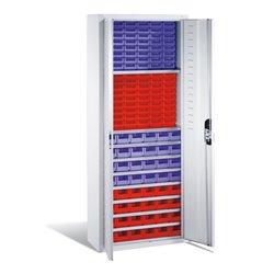 C+P Magazinschrank mit 138 Sichtlagerkästen, H1690xB700xT300mm Front Lichtgrau Korpus Lichtgrau