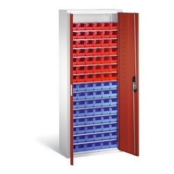 C+P Magazinschrank mit 90 Sichtlagerkästen, H1690xB700xT300mm Front Rubinrot Korpus Lichtgrau