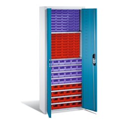 C+P Magazinschrank mit 138 Sichtlagerkästen, H1690xB700xT300mm Front Lichtblau Korpus Lichtgrau