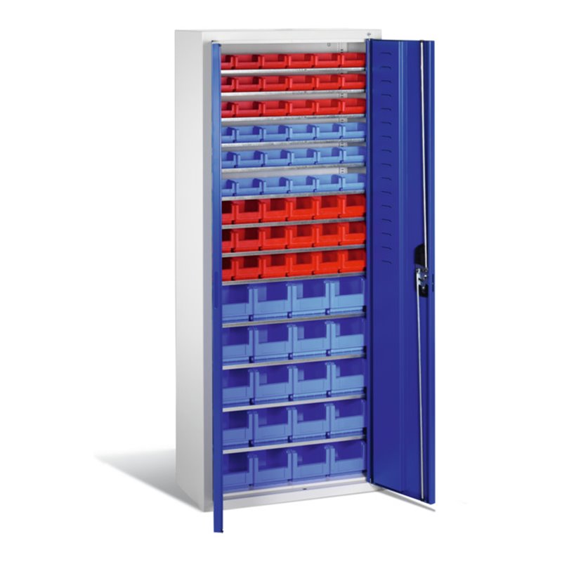 C+P Magazinschrank mit 74 Sichtlagerkästen, H1690xB700xT300mm Front Enzianblau Korpus Lichtgrau