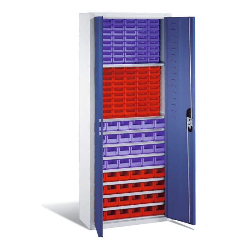 C+P Magazinschrank mit 138 Sichtlagerkästen, H1690xB700xT300mm Front Enzianblau Korpus Lichtgrau