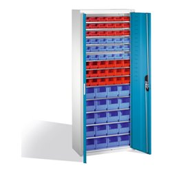 C+P Magazinschrank mit 74 Sichtlagerkästen, H1690xB700xT300mm Front Lichtblau Korpus Lichtgrau