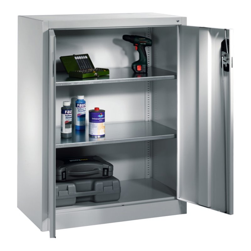 C+P Werkzeug-Beistellschrank mit Drehtüren, innen 2 Böden, H1200xB930xT500mm Front Lichtgrau Korpus Lichtgrau