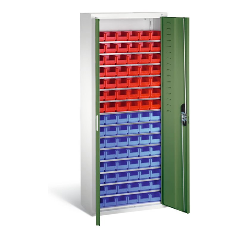 C+P Magazinschrank mit 90 Sichtlagerkästen, H1690xB700xT300mm Front Resedagrün Korpus Lichtgrau