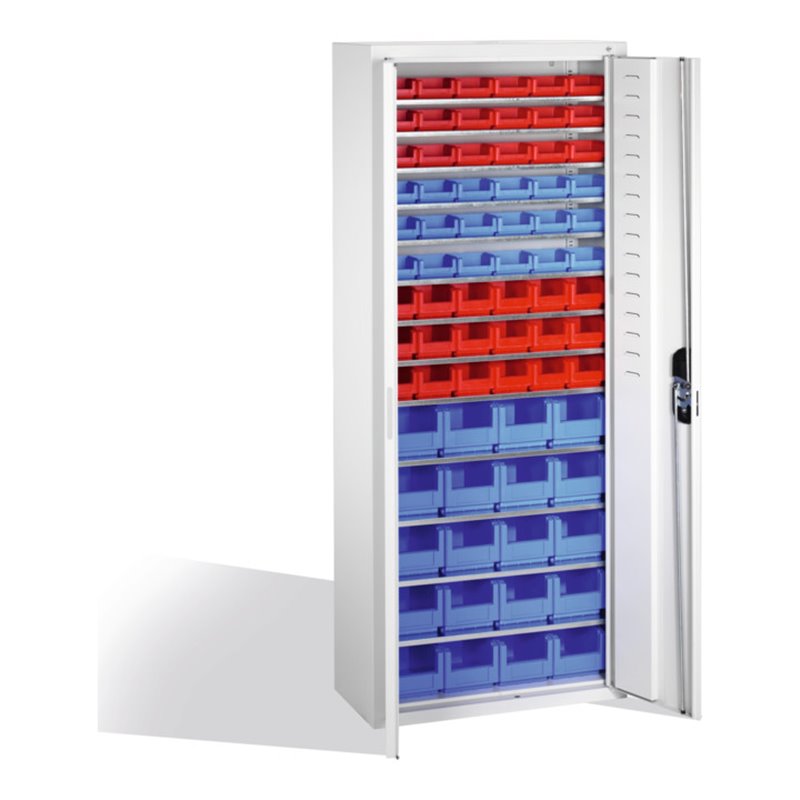 C+P Magazinschrank mit 74 Sichtlagerkästen, H1690xB700xT300mm Front Lichtgrau Korpus Lichtgrau