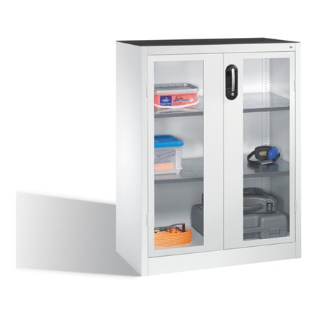 C+P Werkzeug-Beistellschrank mit Sichtfenster-Drehtüren, 2 Böden, H1200xB930xT500mm Front Lichtgrau Korpus Lichtgrau