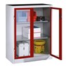 C+P Werkzeug-Beistellschrank mit Sichtfenster-Drehtüren, 2 Böden, H1200xB930xT500mm Front Rubinrot Korpus Lichtgrau