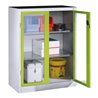 C+P Werkzeug-Beistellschrank mit Sichtfenster-Drehtüren, 2 Böden, H1200xB930xT500mm Front Viridingrün Korpus Lichtgrau