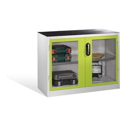 C+P Werkzeug-Beistellschrank mit Sichtfenster-Drehtüren, 1 Boden, H1000xB1200xT500mm Front Viridingrün Korpus Lichtgrau