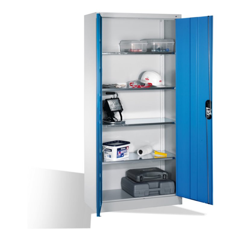 C+P Werkzeugschrank mit Drehtüren, innen 4 Böden, H1950xB930xT400mm Front Lichtblau Korpus Lichtgrau