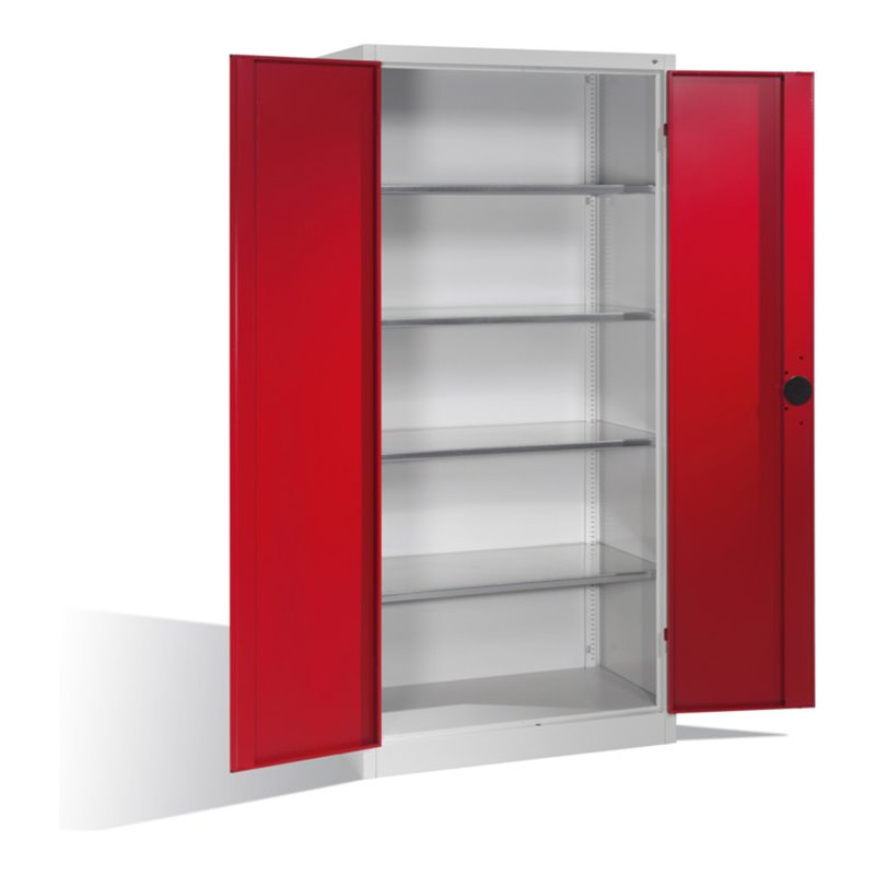 C+P Schwerlast-Werkzeugschrank mit Drehtüren, innen 4 Böden, H1950xB930xT500mm Front Rubinrot Korpus Lichtgrau