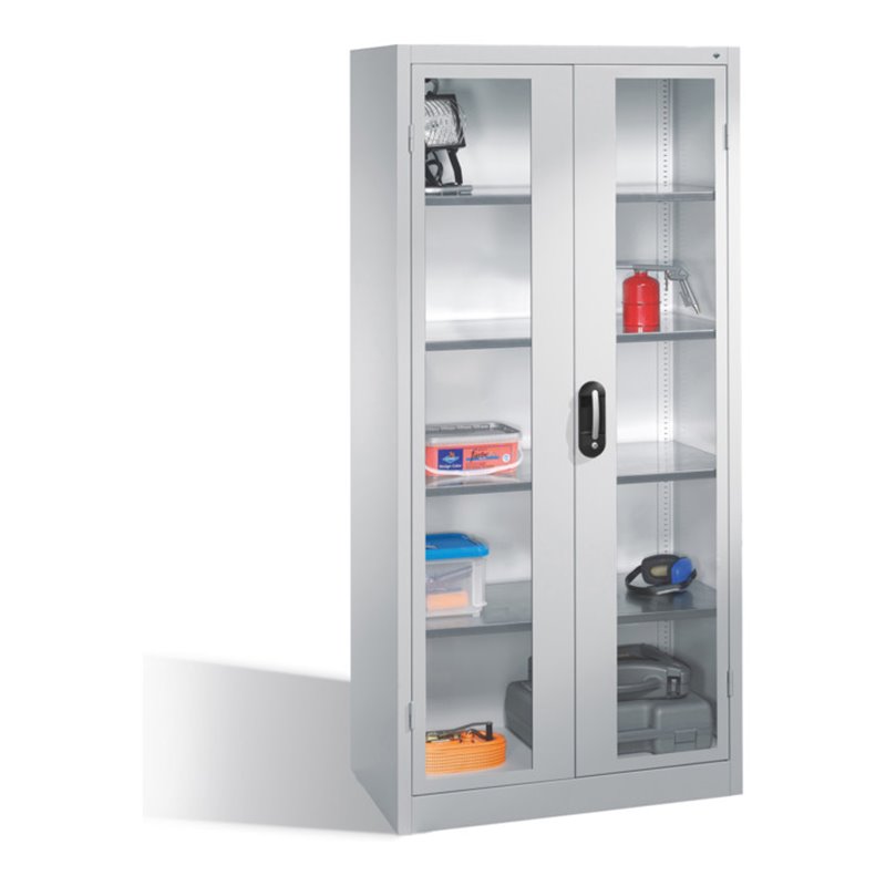 C+P Werkzeugschrank mit Sichtfenster-Drehtüren, innen 4 Böden, H1950xB930xT500mm Front Lichtgrau Korpus Lichtgrau