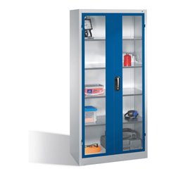 C+P Werkzeugschrank mit Sichtfenster-Drehtüren, innen 4 Böden, H1950xB930xT500mm Front Enzianblau Korpus Lichtgrau