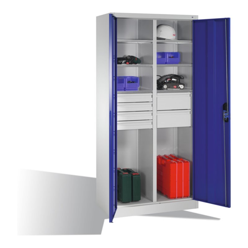 C+P Werkzeugschrank mit Drehtüren, 6 Böden, 6 Schübe, H1950xB930xT500mm Front Enzianblau Korpus Lichtgrau