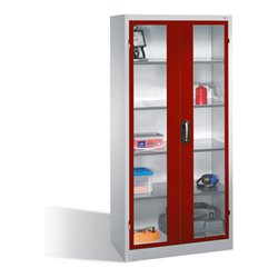 C+P Werkzeugschrank mit Sichtfenster-Drehtüren, innen 4 Böden, H1950xB930xT500mm Front Rubinrot Korpus Lichtgrau