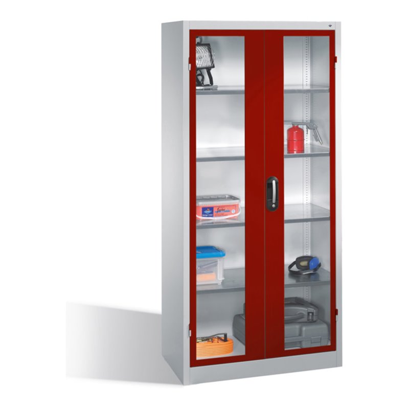 C+P Werkzeugschrank mit Sichtfenster-Drehtüren, innen 4 Böden, H1950xB930xT500mm Front Rubinrot Korpus Lichtgrau
