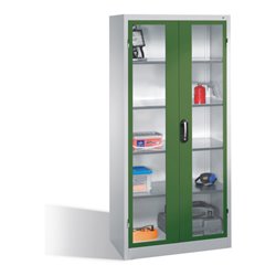 C+P Werkzeugschrank mit Sichtfenster-Drehtüren, innen 4 Böden, H1950xB930xT500mm Front Resedagrün Korpus Lichtgrau