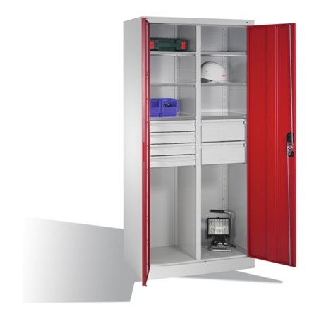 C+P Werkzeugschrank mit Drehtüren, 6 Böden, 6 Schübe, H1950xB930xT500mm Front Rubinrot Korpus Lichtgrau
