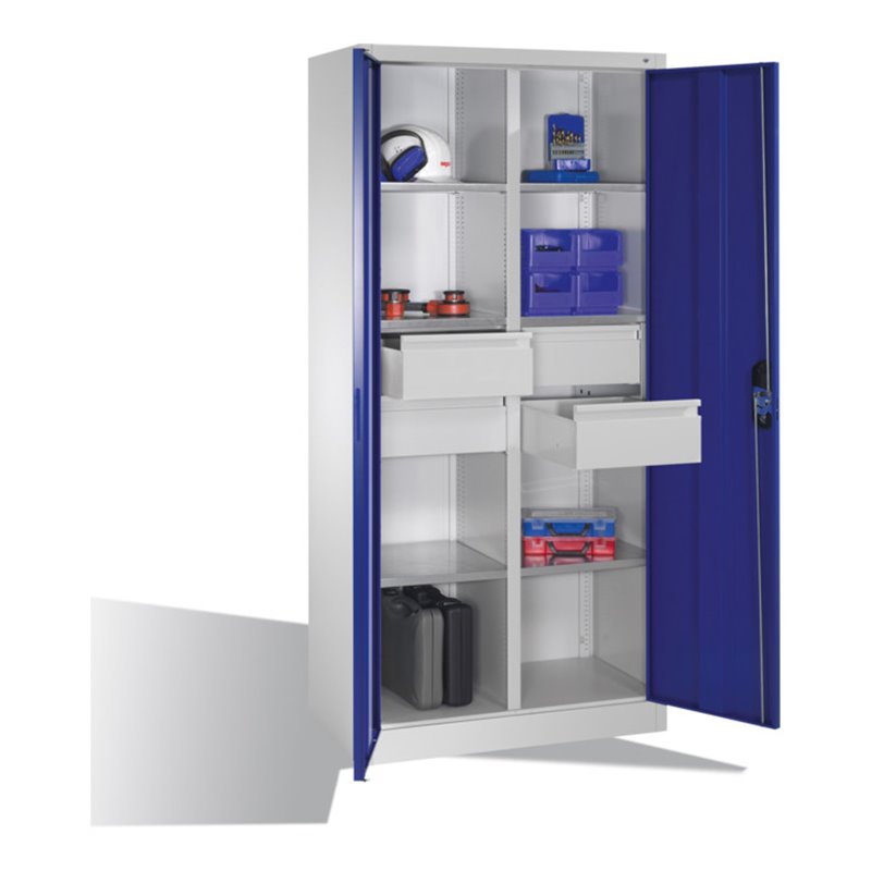 C+P Werkzeugschrank mit Drehtüren, 6 Böden, 4 Schübe, H1950xB930xT500mm Front Enzianblau Korpus Lichtgrau