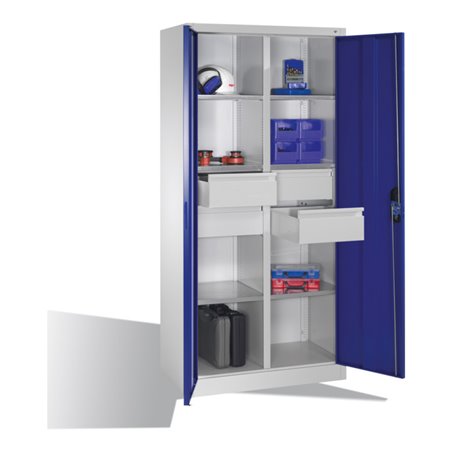 C+P Werkzeugschrank mit Drehtüren, 6 Böden, 4 Schübe, H1950xB930xT500mm Front Enzianblau Korpus Lichtgrau