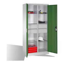 C+P Werkzeugschrank mit Drehtüren, 6 Böden, 4 Schübe, H1950xB930xT500mm Front Resedagrün Korpus Lichtgrau