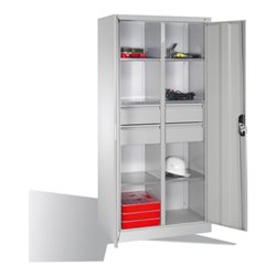 C+P Werkzeugschrank mit Drehtüren, 6 Böden, 4 Schübe, H1950xB930xT500mm Front Lichtgrau Korpus Lichtgrau