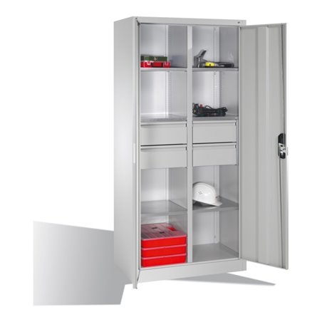 C+P Werkzeugschrank mit Drehtüren, 6 Böden, 4 Schübe, H1950xB930xT500mm Front Lichtgrau Korpus Lichtgrau