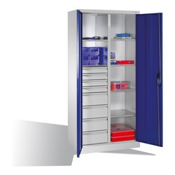 C+P Werkzeugschrank mit Drehtüren, 6 Böden, 8 Schübe, H1950xB930xT500mm Front Enzianblau Korpus Lichtgrau