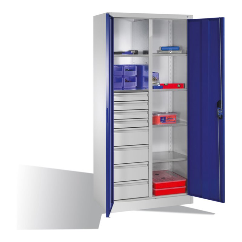 C+P Werkzeugschrank mit Drehtüren, 6 Böden, 8 Schübe, H1950xB930xT500mm Front Enzianblau Korpus Lichtgrau