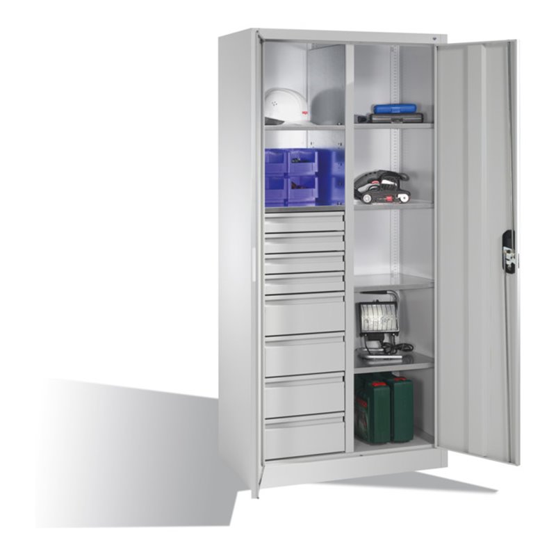 C+P Werkzeugschrank mit Drehtüren, 6 Böden, 8 Schübe, H1950xB930xT500mm Front Lichtgrau Korpus Lichtgrau