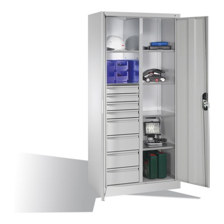 C+P Werkzeugschrank mit Drehtüren, 6 Böden, 8 Schübe, H1950xB930xT500mm Front Lichtgrau Korpus Lichtgrau