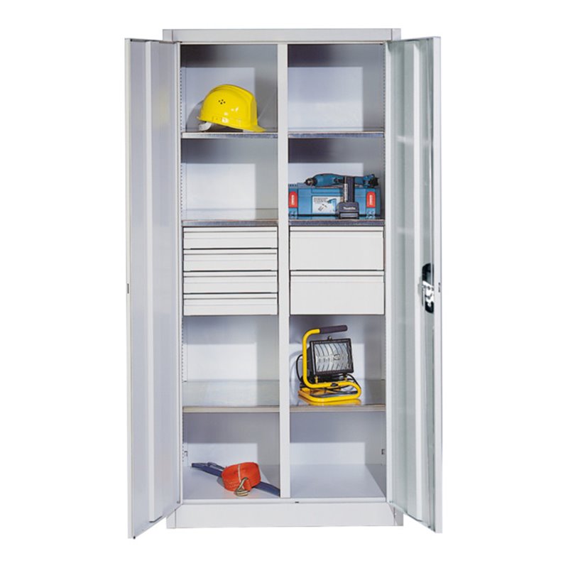 C+P Werkzeugschrank mit Drehtüren, 6 Böden, 6 Schübe, H1950xB930xT500mm Front Lichtgrau Korpus Lichtgrau