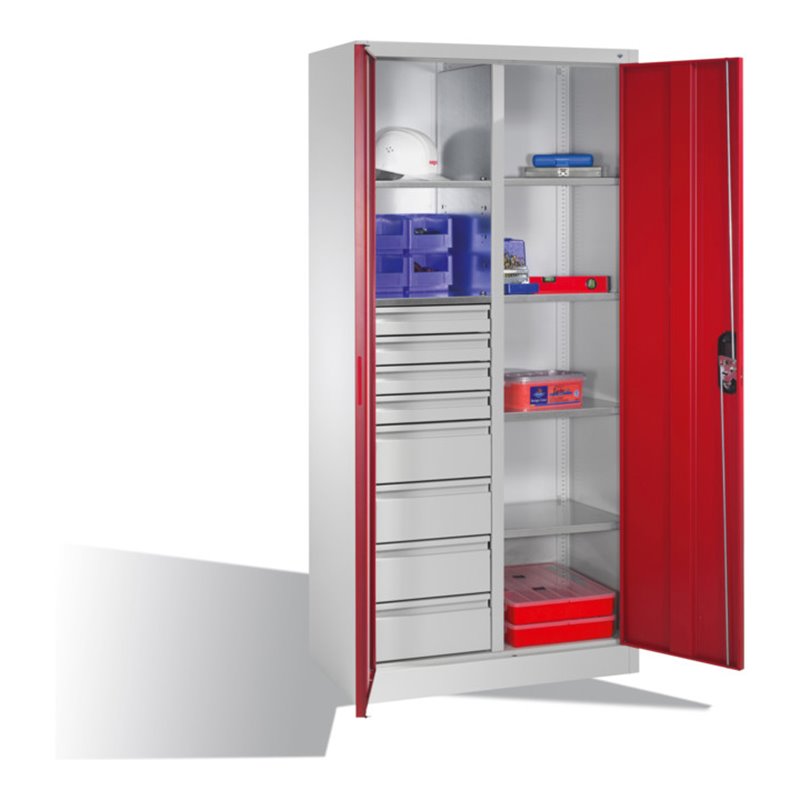 C+P Werkzeugschrank mit Drehtüren, 6 Böden, 8 Schübe, H1950xB930xT500mm Front Rubinrot Korpus Lichtgrau