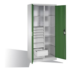 C+P Werkzeugschrank mit Drehtüren, 6 Böden, 8 Schübe, H1950xB930xT500mm Front Resedagrün Korpus Lichtgrau