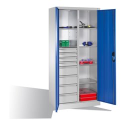 C+P Werkzeugschrank mit Drehtüren, 6 Böden, 8 Schübe, H1950xB930xT500mm Front Lichtblau Korpus Lichtgrau