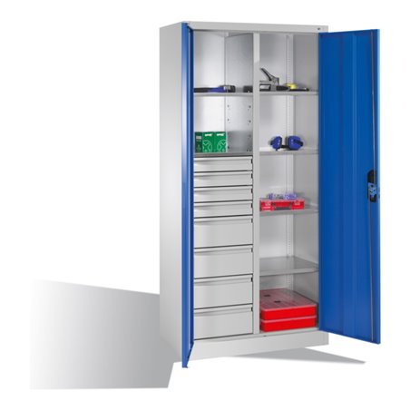 C+P Werkzeugschrank mit Drehtüren, 6 Böden, 8 Schübe, H1950xB930xT500mm Front Lichtblau Korpus Lichtgrau
