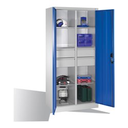 C+P Werkzeugschrank mit Drehtüren, 6 Böden, 4 Schübe, H1950xB930xT500mm Front Lichtblau Korpus Lichtgrau