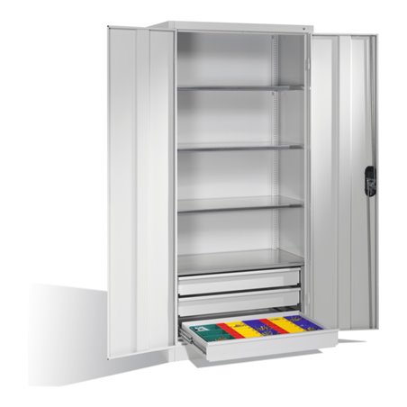 C+P Werkzeugschrank mit Drehtüren, 4 Böden und 3 Schübe, H1950xB930xT500mm Front Lichtgrau Korpus Lichtgrau