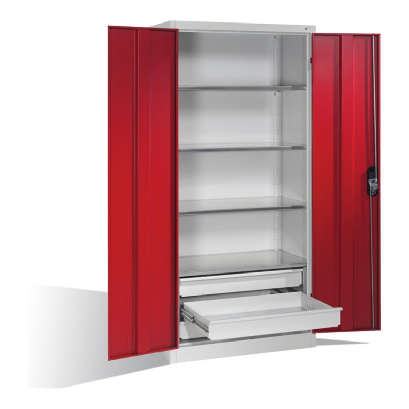C+P Werkzeugschrank mit Drehtüren, 4 Böden und 3 Schübe, H1950xB930xT500mm Front Rubinrot Korpus Lichtgrau