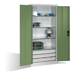 C+P Werkzeugschrank mit Drehtüren, 4 Böden und 3 Schübe, H1950xB930xT500mm Front Resedagrün Korpus Lichtgrau