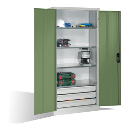 C+P Werkzeugschrank mit Drehtüren, 4 Böden und 3 Schübe, H1950xB930xT500mm Front Resedagrün Korpus Lichtgrau