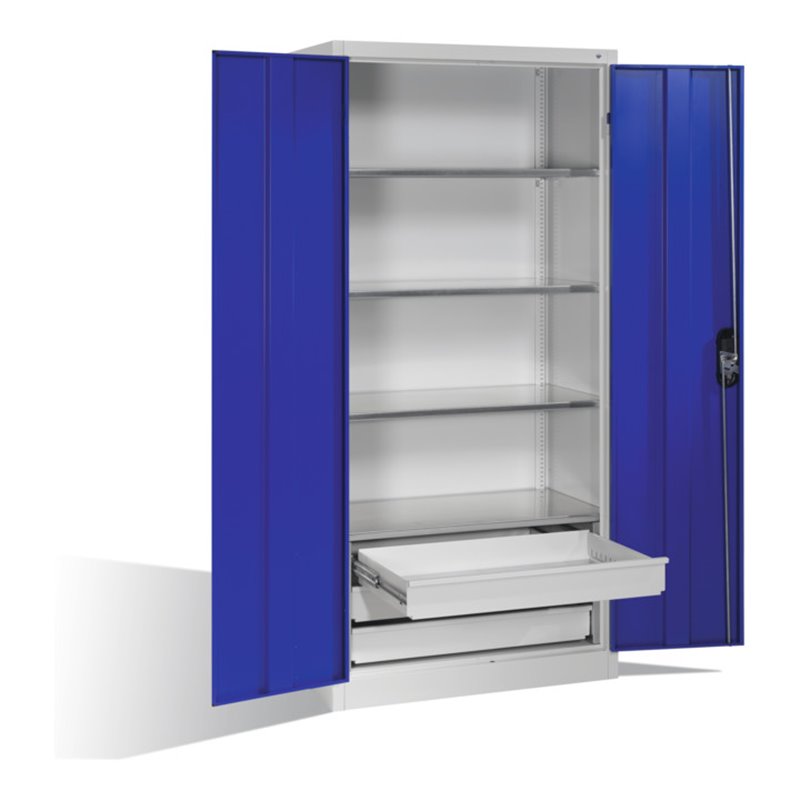 C+P Werkzeugschrank mit Drehtüren, 4 Böden und 3 Schübe, H1950xB930xT500mm Front Enzianblau Korpus Lichtgrau